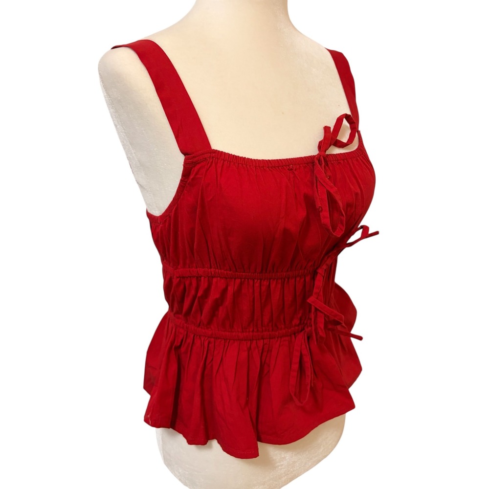 Sim & Sam Red Smocked Medium Peplum Cotton Tank Top Cottagecore Boho - Picture 3 of 8